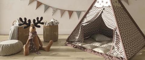 Children room interior scandinavian style background. Kids farmhouse style 3d rendering illustration. Web banner. photo