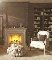 Modern interior scandinavian farmhouse style. 3d render illustration living room with book library and fireplace. photo