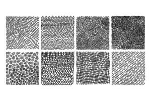 Hand drawn vector textures with different shapes. Abstract vector backgrounds with dots, lines, stripes, and strokes in black and white