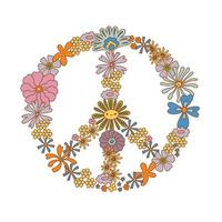 Retro 70s hippie peace sign floral wreath vector illustration isolated on white. Boho groovy floral pacifist symbol. Flower power. Flower child t-shirt print
