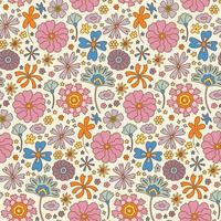 Groovy retro boho flor de patrones sin fisuras, papel digital vintage de los años 70. fondo de flores dibujadas a mano para tela, textil, papelería, papel tapiz vector