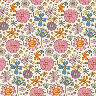 Groovy retro boho flower seamless pattern, vintage 70s digital paper. Hand drawn flower background for fabric, textile, stationery, wallpaper