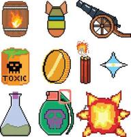Conjunto de iconos de juego de arte de píxeles de 8 bits. conjunto de píxeles de elementos de la interfaz de usuario. mundo del juego y escena de píxeles. vector