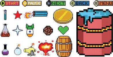 Conjunto de iconos de juego de arte de píxeles de 8 bits. conjunto de píxeles de elementos de la interfaz de usuario. mundo del juego y escena de píxeles. vector