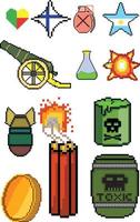 Conjunto de iconos de juego de arte de píxeles de 8 bits. conjunto de píxeles de elementos de la interfaz de usuario. mundo del juego y escena de píxeles.
