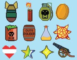 Conjunto de iconos de juego de arte de píxeles de 8 bits. conjunto de píxeles de elementos de la interfaz de usuario. mundo del juego y escena de píxeles.