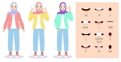 ilustración de mujeres musulmanas jóvenes que usan hiyab con un gráfico de animación bucal. pronunciación del alfabeto vector