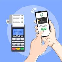 Mobile payments with smartphone. Near field communication payment terminal concept. Online transactions, paypass and NFC. Cartoon flat style illustration. vector
