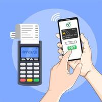 pagos móviles con smartphone. concepto de terminal de pago de comunicación de campo cercano. transacciones en línea, paypass y nfc. ilustración de estilo plano de dibujos animados. vector