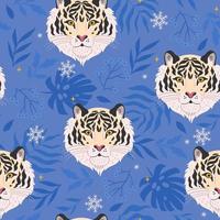 Seamless pattern with white tigers, tropical leaves and snowflakes. Vector graphics