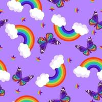 Seamless pattern of rainbows, butterflies and stars. Vector graphics.