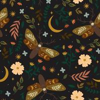 Seamless pattern with moths and flowers. Vector graphics.