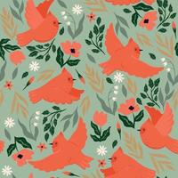 Seamless pattern of red cardinal birds and flowers. Vector graphics.
