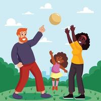una familia interracial jugando a la pelota con su hija vector