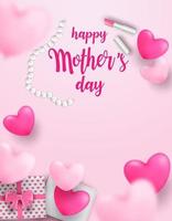 Happy Mother's day. Design with gift box, lipstick ,pearl and heart on soft pink background. light and shadow. Vector. vector