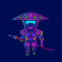 Samurai cyberpunk logo line pop art portrait fiction colorful design with dark background. Abstract vector illustration.