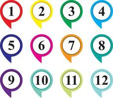 Marker points, information markers. Colorful markers with number from 1 to 15. Marker set on white background. Vector illustration.