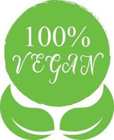 Icono de vector de logotipo 100 por ciento vegano. insignia de etiqueta de comida orgánica vegetariana con hoja. símbolo vegano natural verde