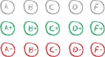 Assessment results. Hand drawn school or college exam results. Class grades with circles, pluses and minuses vector