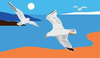 Landscape with gulls. Sea, islands, sky, sun, flaying seagulls. Vector illustration