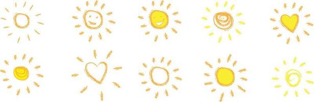 simples líneas infantiles aisladas dibujadas a mano, garabatos de rayos amarillos, naranjas o ráfagas de sol para banner, fondo, papel tapiz, diseño vectorial de portada, etc. vector
