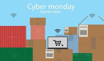 Cyber monday sale horizontal poster or banner for seasonal discounts. Black box with realistic blue bow on code background. Sale concept. Vector illustration.