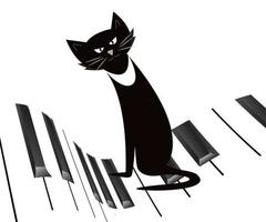 gato que es muy aficionado a la música gato negro sentado en el piano y escuchando música vector