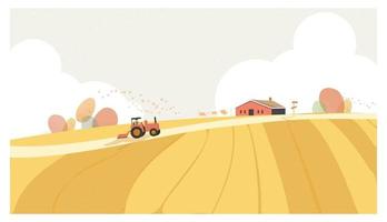 Web Landscape vector illustration.Minimal countryside in autumn.Farmhouse and truck in crops field.Fallng leaf