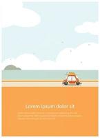 Web  summer landscape with car carry waveboard background.Minimal background beach with car,surfboard and seaview.Banner for summer holidays. vector