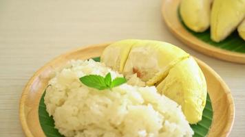 durian med klibbigt ris - sött durianskal med gula bönor, moget durianris kokt med kokosmjölk - asiatisk thailändsk efterrätt sommar tropisk fruktmat video