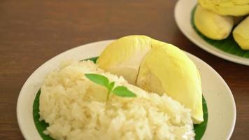 Durian with sticky rice -  sweet durian peel with yellow bean, Ripe durian rice cooked with coconut milk - Asian Thai dessert summer tropical fruit food video
