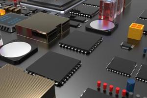 printed circuit board with microchips, processors and other computer parts on a dark background. 3d render photo