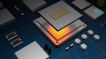 processor chip on a printed circuit board in red backlight. 3d illustration on the topic of technology and the power of artificial intelligence. photo