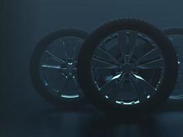 auto wheel with chrome disks close-up on a dark background. 3d render photo