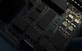 processor chip on a printed circuit board in red backlight. 3d illustration on the topic of technology and the power of artificial intelligence. photo