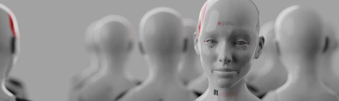 group of robots in female image standing in rows artificial intelligence and robotics concept photo