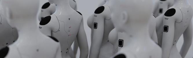 group of robots in female image standing in rows artificial intelligence and robotics concept photo