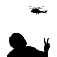 Silhouette of the Little Boy Give Peace Finger Sign to Attack Helicopter. Vector Illustration