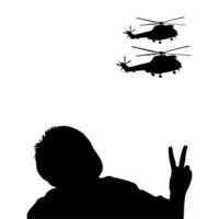 Silhouette of the Little Boy Give Peace Finger Sign to Attack Helicopter. Vector Illustration