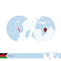 malawi en globo terráqueo con bandera y mapa regional de malawi. vector