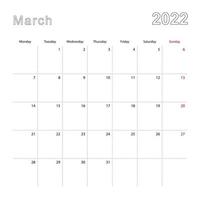 Simple wall calendar for March 2022 with dotted lines. The calendar is in English, week start from Monday. vector