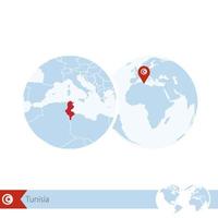 Tunisia on world globe with flag and regional map of Tunisia. vector