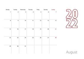 Calendar for August 2022 in modern design, planner template. vector