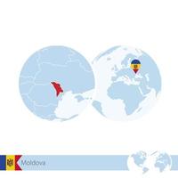 Moldova on world globe with flag and regional map of Moldova. vector