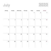 Simple wall calendar for July 2022 with dotted lines. The calendar is in English, week start from Monday. vector