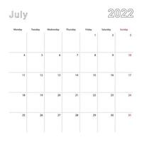 Simple wall calendar for July 2022 with dotted lines. The calendar is in English, week start from Monday. vector