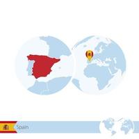 Spain on world globe with flag and regional map of Spain. vector