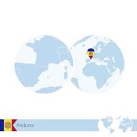 Andorra on world globe with flag and regional map of Andorra. vector