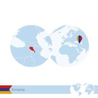 Armenia on world globe with flag and regional map of Armenia. vector