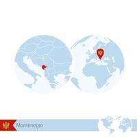 Montenegro on world globe with flag and regional map of Montenegro. vector